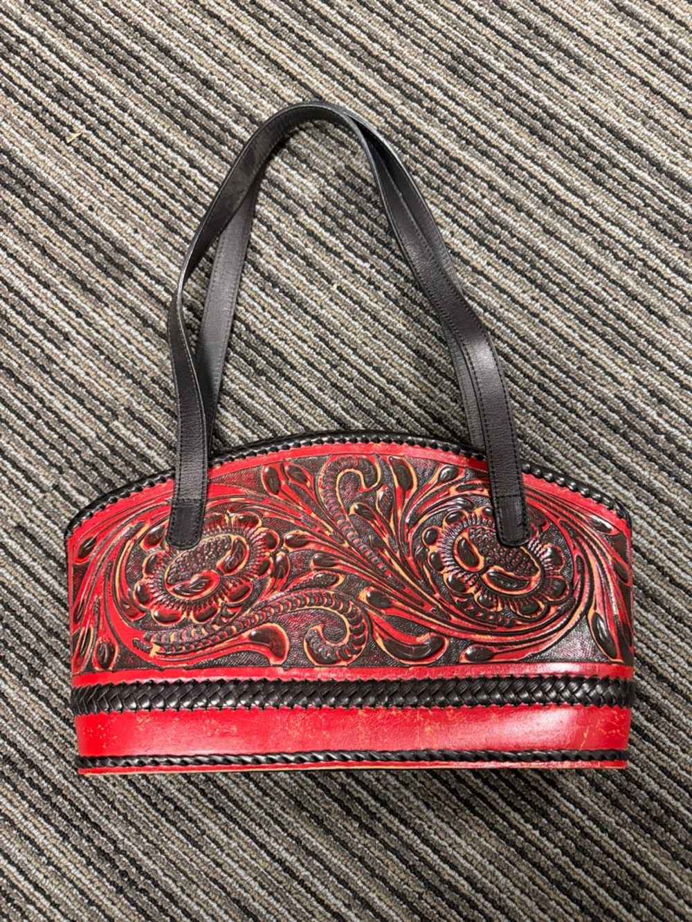 Red Tooled Floral Leather Shoulder Bag with Black Straps